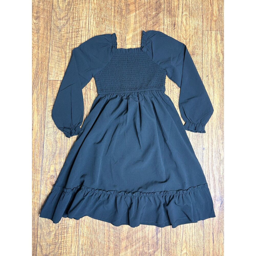 Girls' Black Long Sleeve Smocked Dress Square Neck Ruffle Hem 9-10 Yrs NWOT